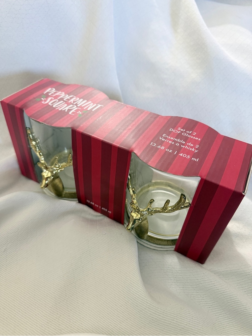 New Peppermint Square Gold Stag Deer DOF Glasses Set of 2 Whiskey Rocks